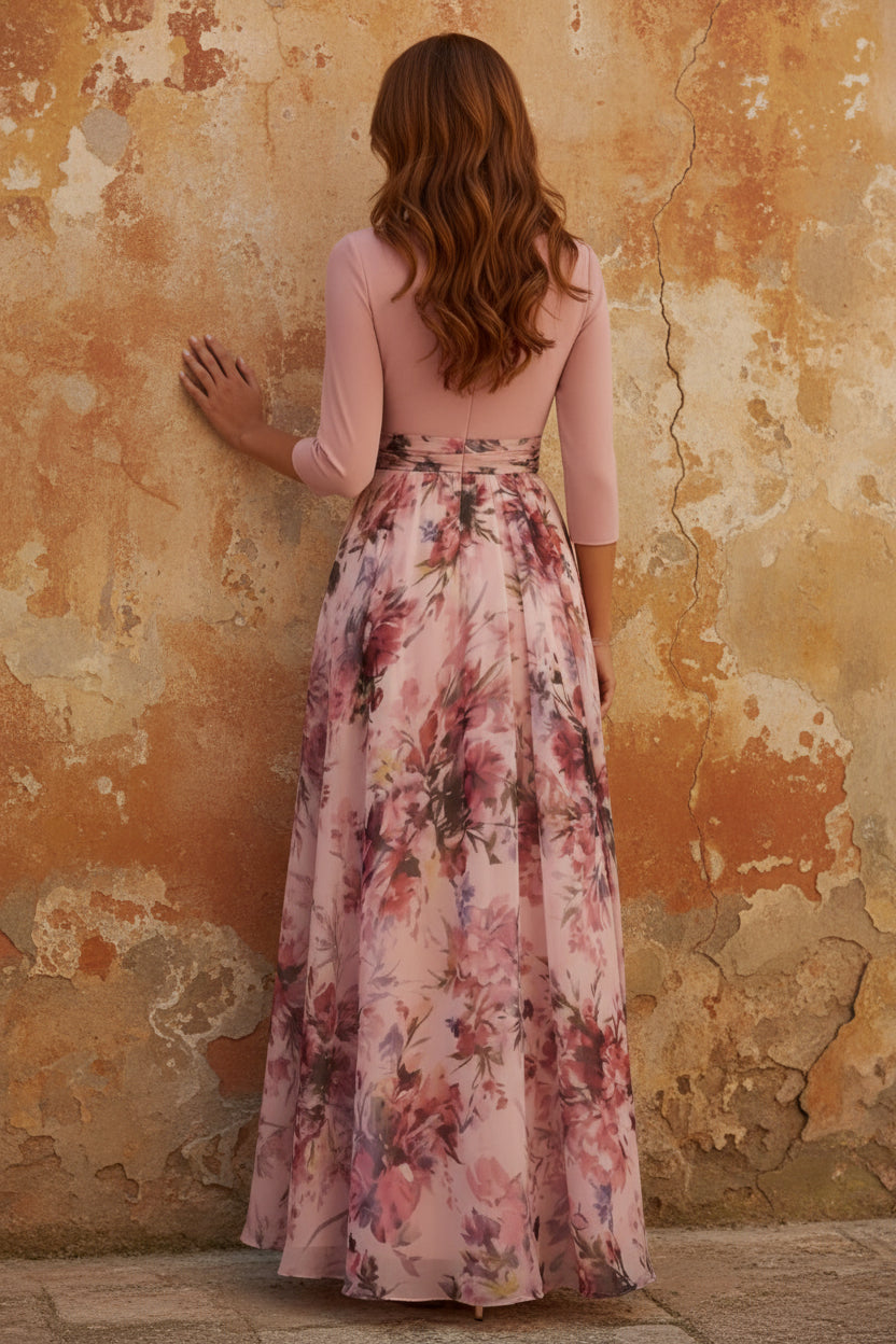 V-Neck Elastic Chiffon Mother of the Bride Dresses with 3D Flower Floral Ankle-Length 3/4 Sleeves