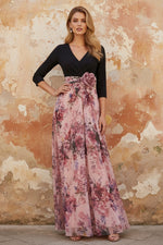 V-Neck Elastic Chiffon Mother of the Bride Dresses with 3D Flower Floral Ankle-Length 3/4 Sleeves