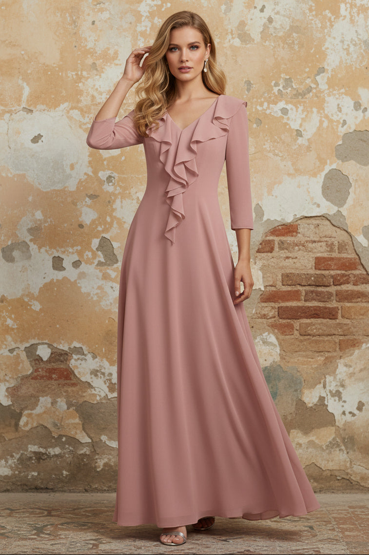 V-Neck Chiffon Mother of the Bride Dresses Floor-Length 3/4 Sleeves Ruffles