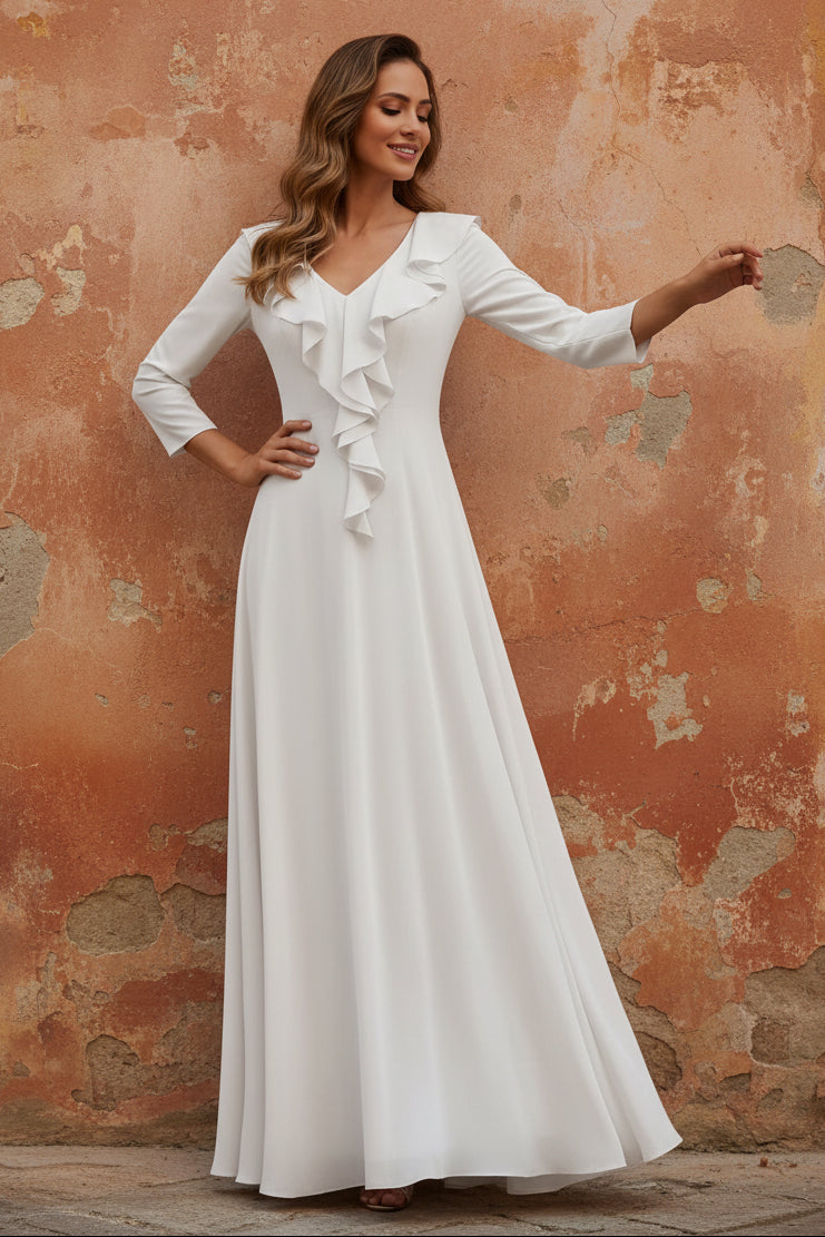 V-Neck Chiffon Mother of the Bride Dresses Floor-Length 3/4 Sleeves Ruffles