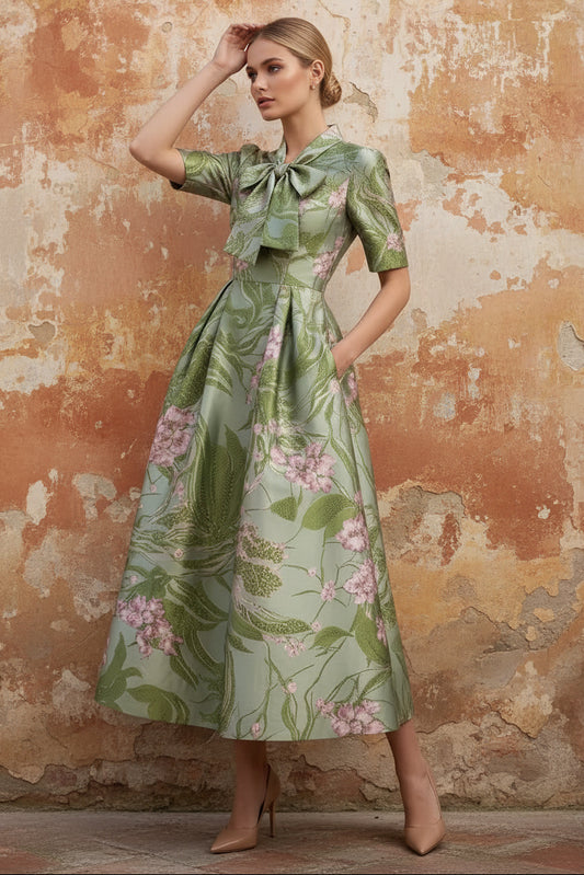 V-Neck Printed Satin Mother of the Bride Dresses with Bowknot Floral Tea-Length Half Sleeves