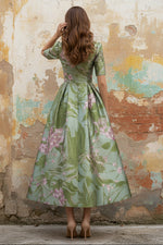 V-Neck Printed Satin Mother of the Bride Dresses with Bowknot Floral Tea-Length Half Sleeves