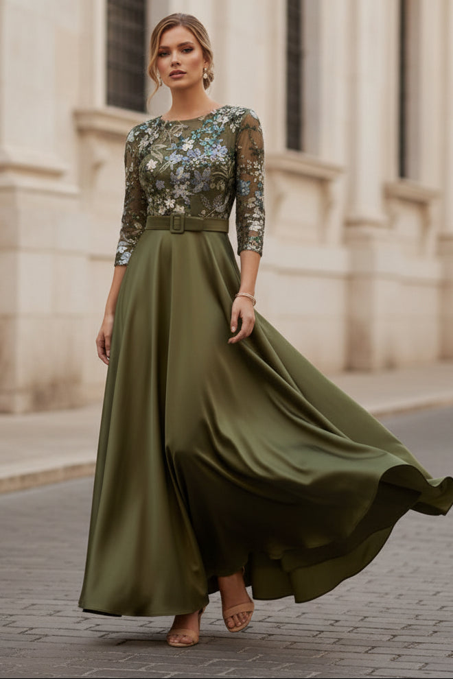 Scoop Satin Mother of the Bride Dresses Lace Sequins Floral 3/4 Sleeves Ankle-Length Belt