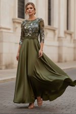 Scoop Satin Mother of the Bride Dresses Lace Sequins Floral 3/4 Sleeves Ankle-Length Belt