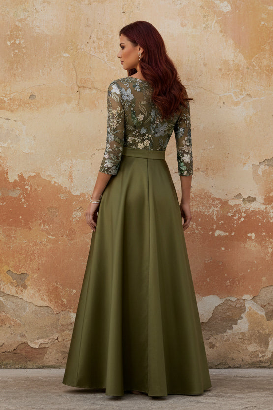 Scoop Satin Mother of the Bride Dresses Lace Sequins Floral 3/4 Sleeves Ankle-Length Belt