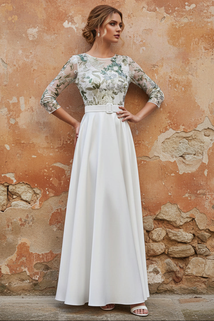 Scoop Satin Mother of the Bride Dresses Lace Sequins Floral 3/4 Sleeves Ankle-Length Belt