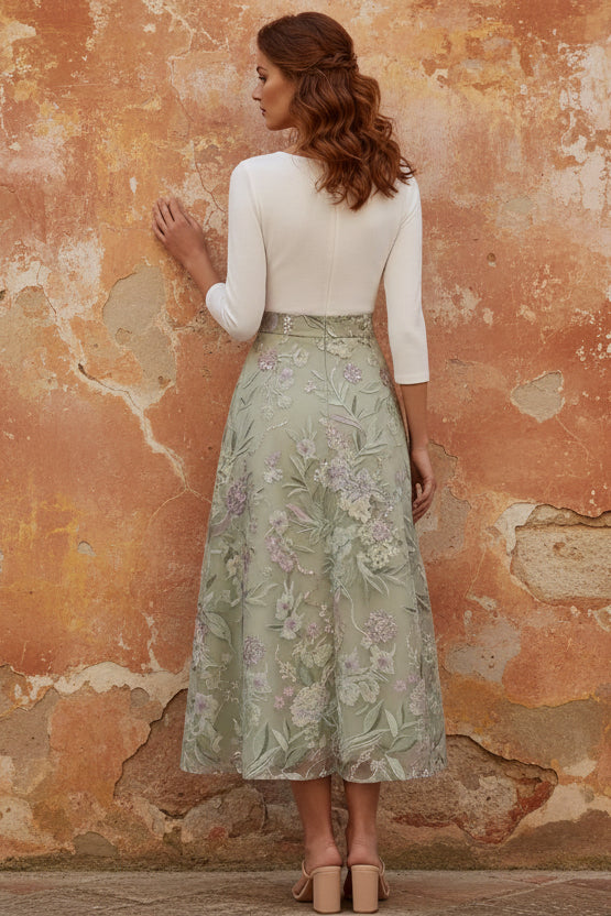 V-Neck Stretch Satin Mother of the Bride Dresses with 3D Flower Lace Floral 3/4 Sleeves Tea-Length
