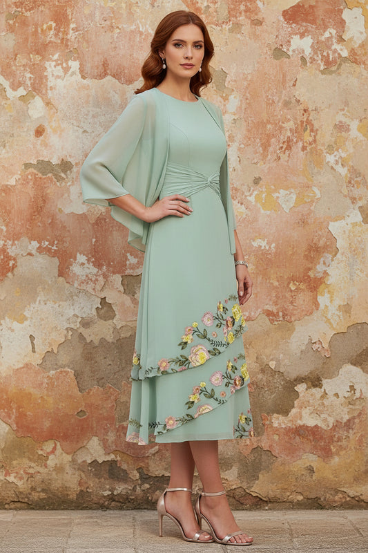 2 Pieces Chiffon Mother of the Bride Dresses with Jacket Tea-Length 3/4 Sleeves Floral