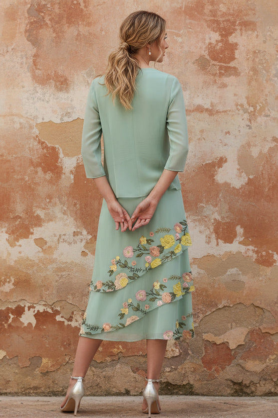 2 Pieces Chiffon Mother of the Bride Dresses with Jacket Tea-Length 3/4 Sleeves Floral