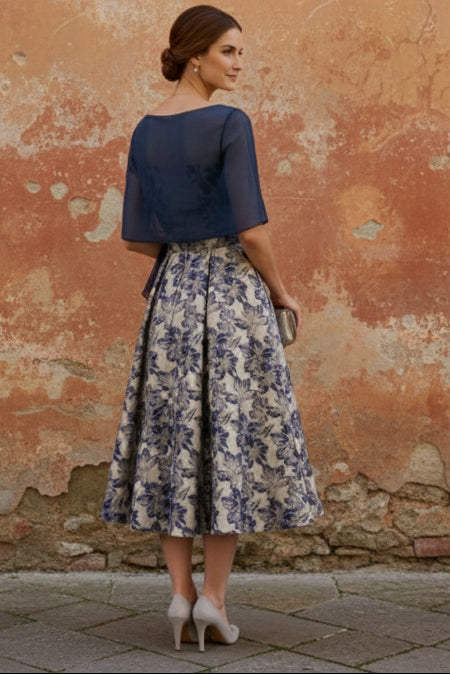Strapless Jacquard Mother of the Bride Dresses with Wrap Floral Sleeveles Tea Length