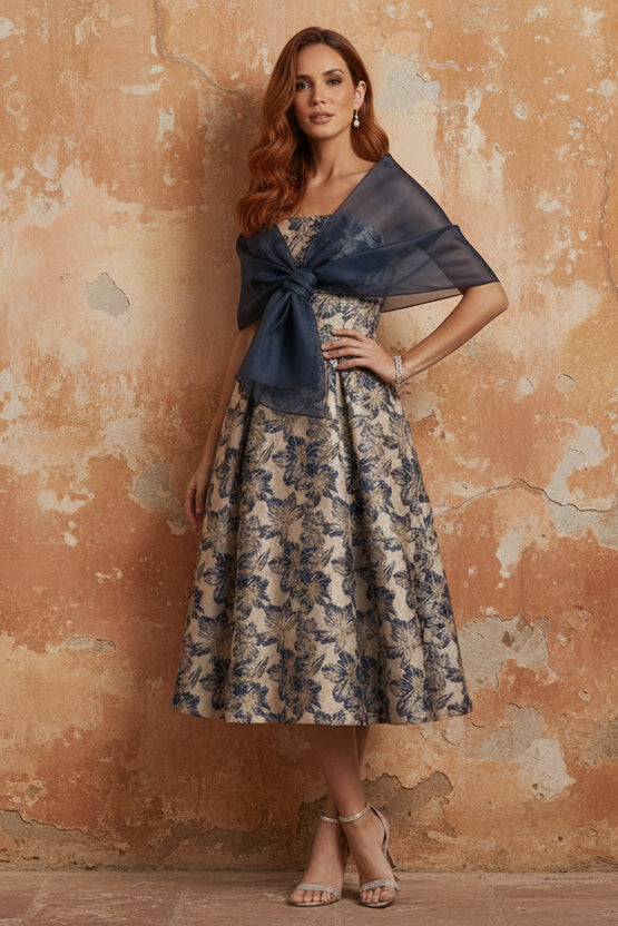 Strapless Jacquard Mother of the Bride Dresses with Wrap Floral Sleeveles Tea Length