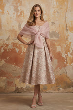 Strapless Jacquard Mother of the Bride Dresses with Wrap Floral Sleeveles Tea Length