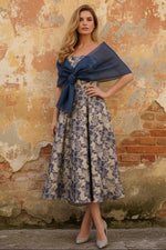 Strapless Jacquard Mother of the Bride Dresses with Wrap Floral Sleeveles Tea Length