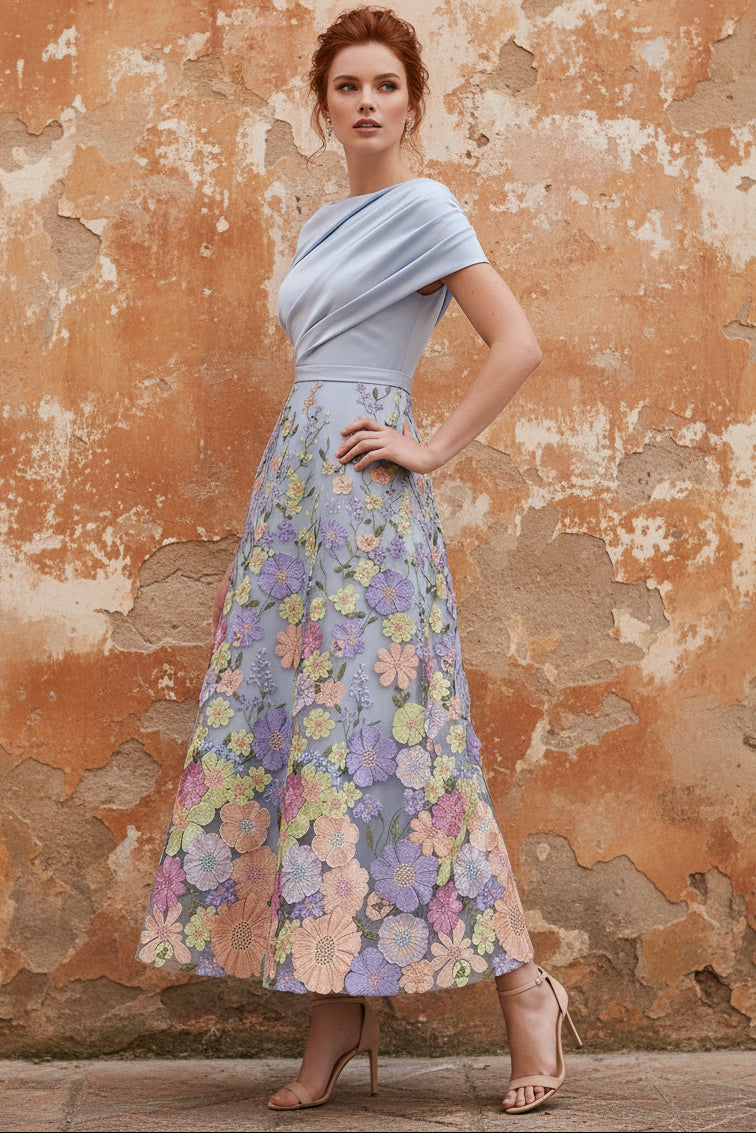 Boat Neck Satin Mother of the Bride Dresses Floral Tea-Length Short Sleeves Ruched