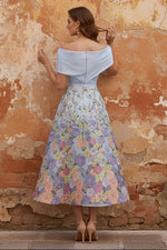 Boat Neck Satin Mother of the Bride Dresses Floral Tea-Length Short Sleeves Ruched