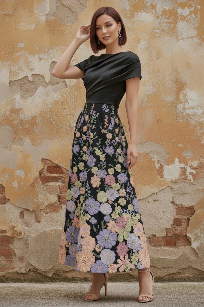 Boat Neck Satin Mother of the Bride Dresses Floral Tea-Length Short Sleeves Ruched