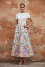 Boat Neck Satin Mother of the Bride Dresses Floral Tea-Length Short Sleeves Ruched