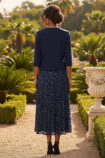2 Pieces A-Line/Princess V-Neck Lace Sequins Mother of the Bride Dresses with Chiffon Jacket Floral 3/4 Sleeves Tea-Length