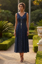 2 Pieces A-Line/Princess V-Neck Lace Sequins Mother of the Bride Dresses with Chiffon Jacket Floral 3/4 Sleeves Tea-Length
