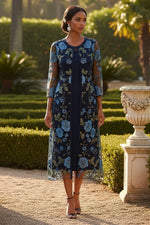 2 Pieces A-Line/Princess V-Neck Chiffon Mother of the Bride Dresses with Jacket Floral 3/4 Sleeves Tea-Length