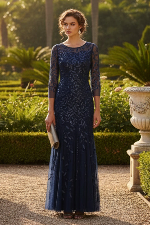 A-Line/Princess Scoop Lace Sequins Mother of the Bride Dresses Floral 3/4 Sleeves Floor-Length