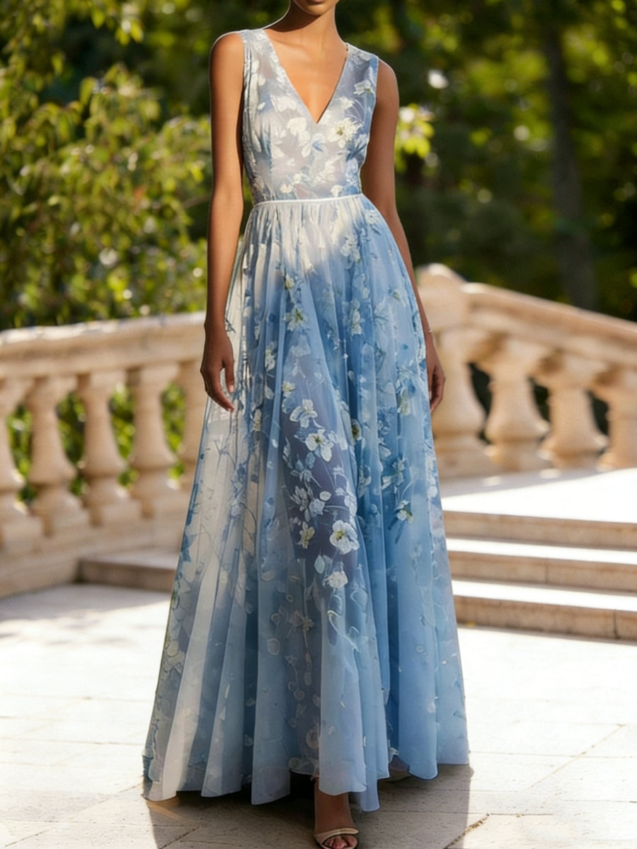 V-Neck Lace Prom Dresses Sleeveless Floor-Length Floral Formal Dresses