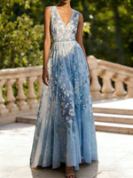 V-Neck Lace Prom Dresses Sleeveless Floor-Length Floral Formal Dresses