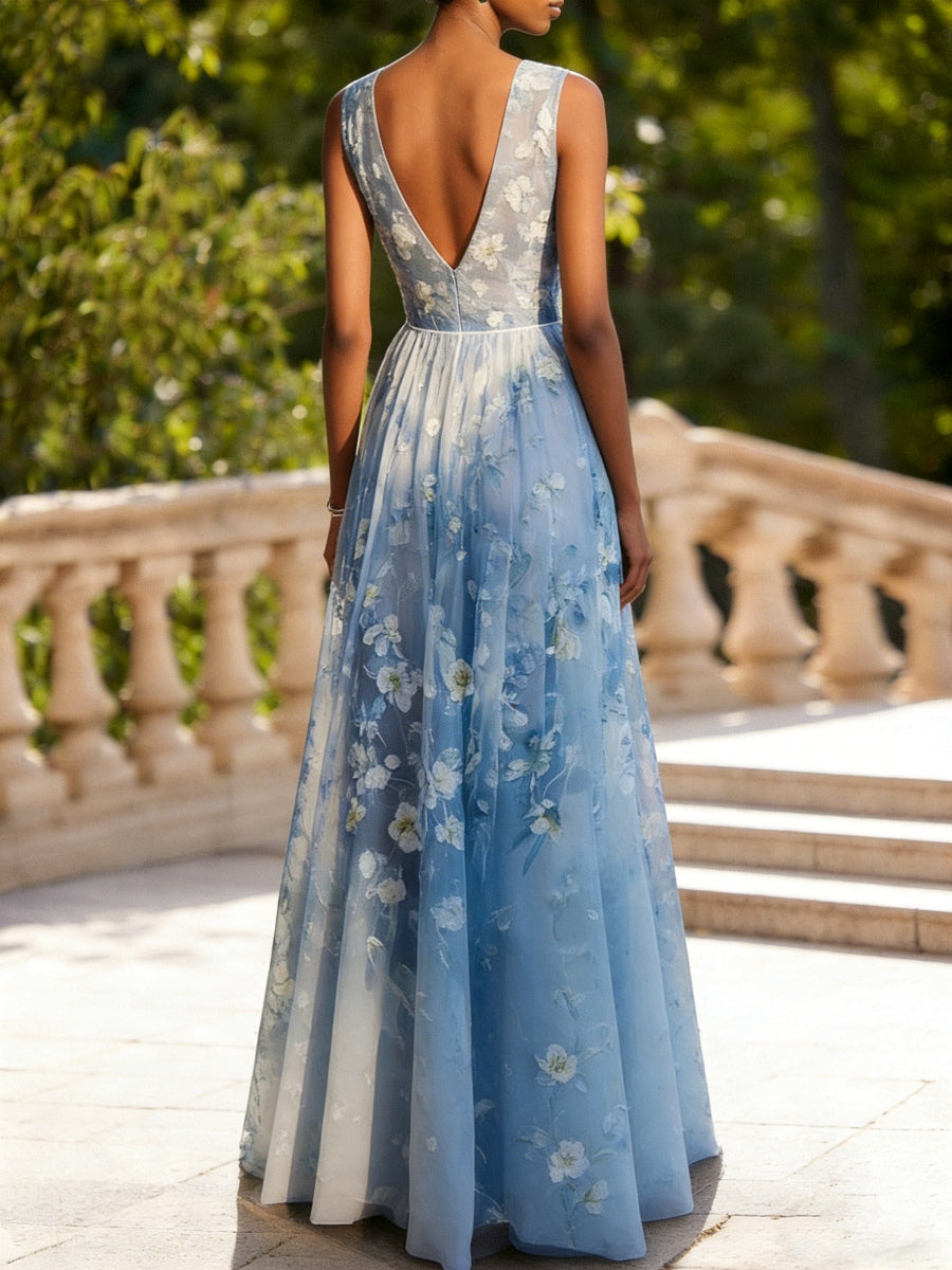 V-Neck Lace Prom Dresses Sleeveless Floor-Length Floral Formal Dresses