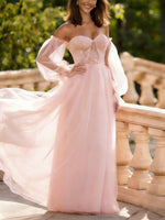 Off-the-Shoulder Tulle Prom Dresses Sequins Floor-Length Long Lantern Sleeves Formal Dresses