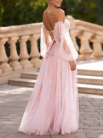 Off-the-Shoulder Tulle Prom Dresses Sequins Floor-Length Long Lantern Sleeves Formal Dresses