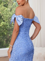 Off-the-Shoulder Velvet Sequins Prom Dresses Bow Sleeves Floor-Length Formal Dress