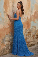Spaghetti Straps Velvet Sequins Prom Dresses Sleeves Floor-Length Formal Dresses with Split Side