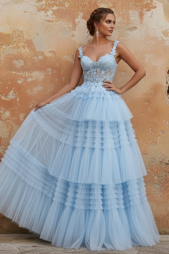 Sweetheart Tulle Prom Dresses Lace Floor-Length Spaghetti Straps Formal Dresses