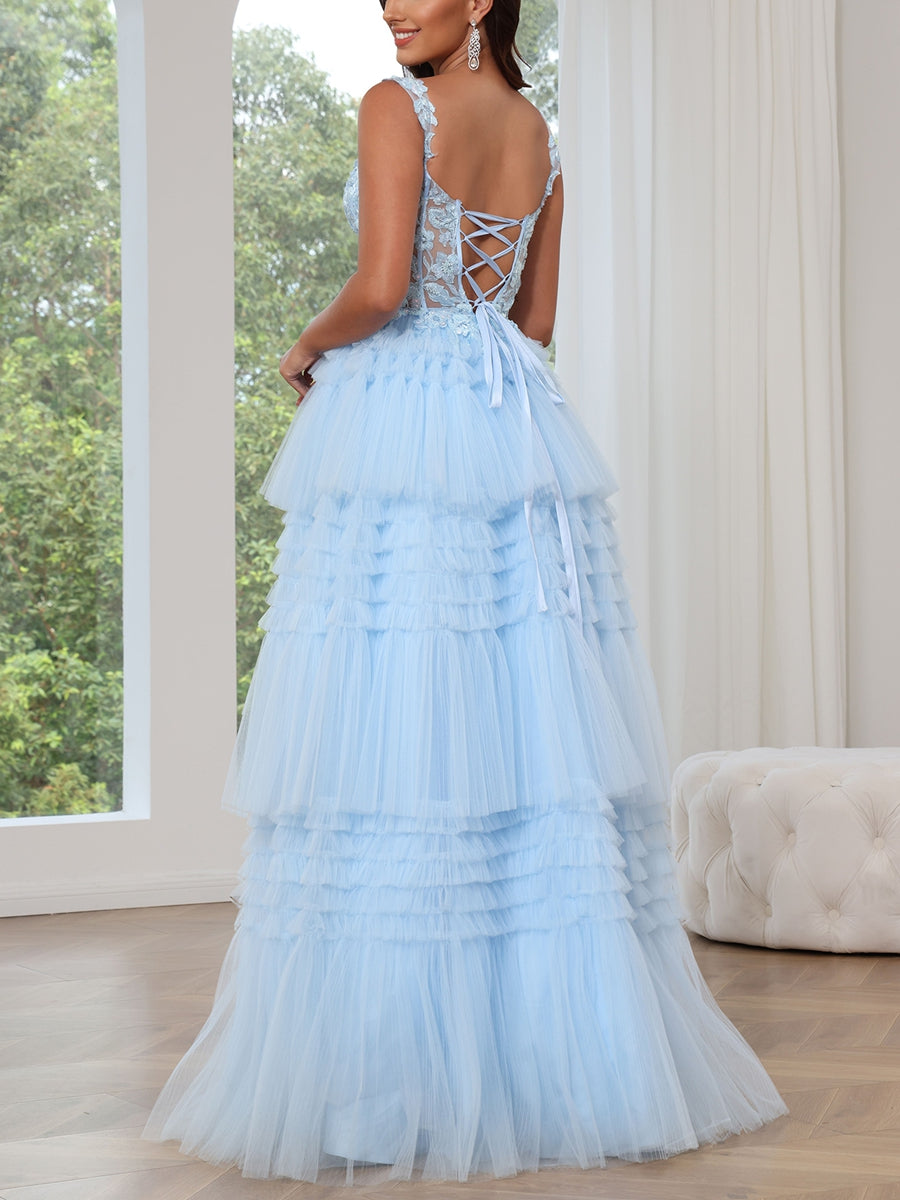 Sweetheart Tulle Prom Dresses Lace Floor-Length Spaghetti Straps Formal Dresses