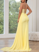 Strapless Chiffon Prom Dresses with Split Side Floor-Length Sleeveless Sweep Train/Brush Train Formal Dresses