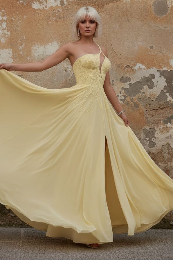 One-Shoulder Chiffon Prom Dresses Lace Beading Floor-Length Sleeveless Sweep Formal Dresses