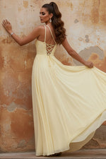 One-Shoulder Chiffon Prom Dresses Lace Beading Floor-Length Sleeveless Sweep Formal Dresses