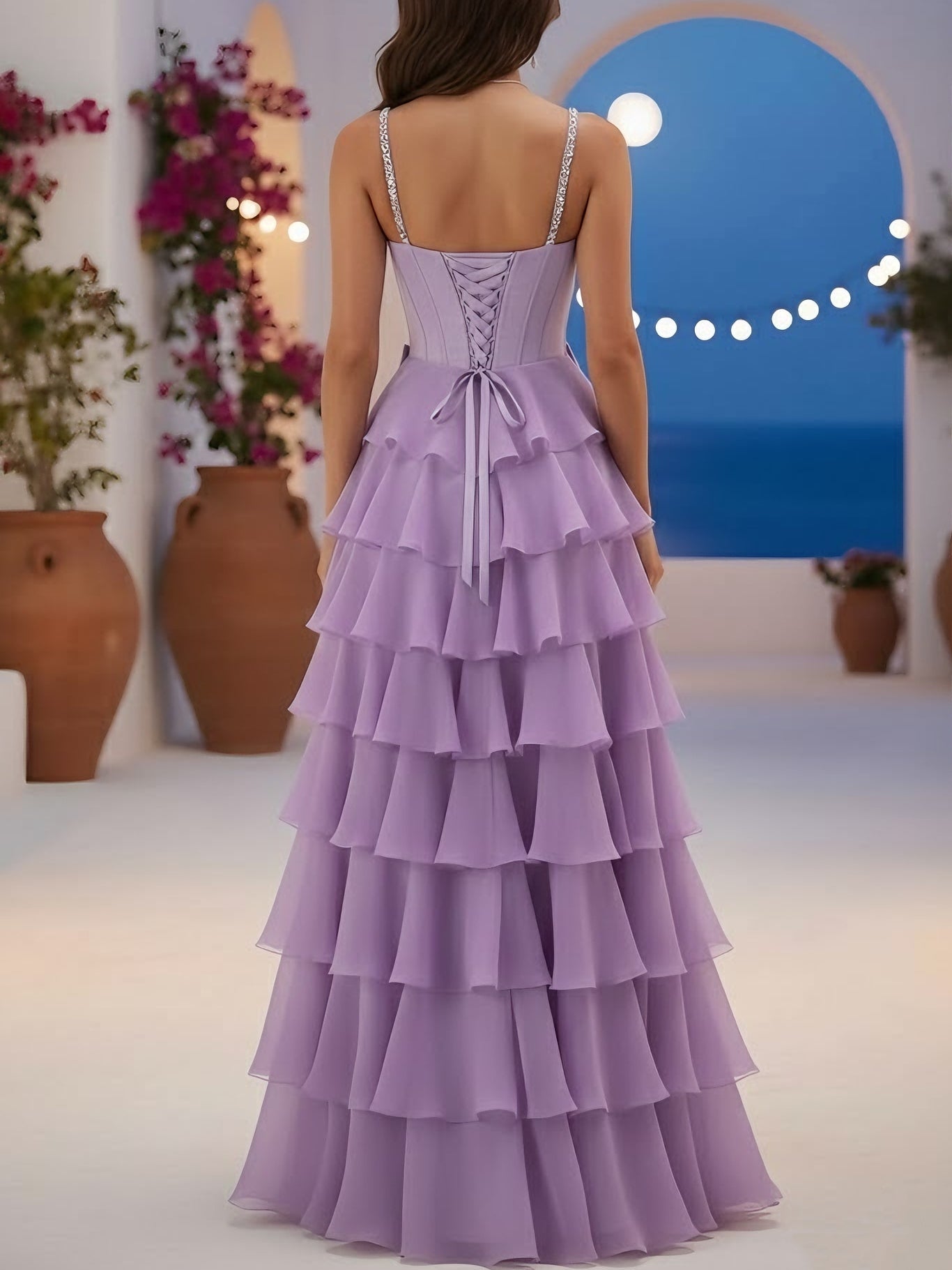 Spaghetti Straps Chiffon Prom Dresses Sequins Sleeveless Floor-Length Formal Dresses