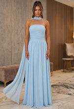 Strapless Chiffon Prom Dresses with Scarf Floor-Length Sleeveless Pleated