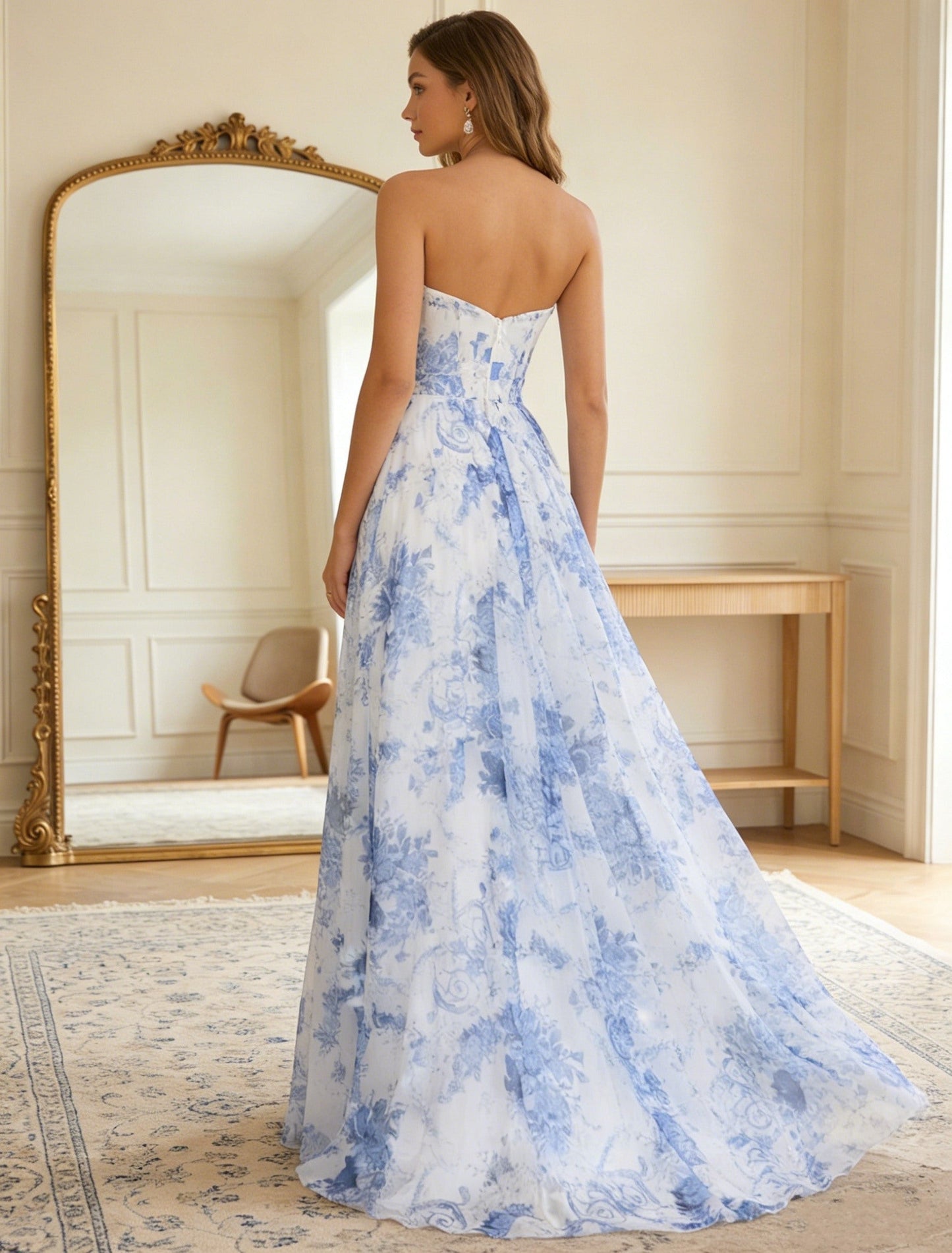 Strapless Floral Chiffon Prom Dresses with Split Side Floor-Length Sleeveless