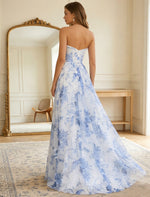 Strapless Floral Chiffon Prom Dresses with Split Side Floor-Length Sleeveless