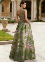 V-Neck Satin Evening Dresses Sleeveless Floral Floor-Length Bowknot Party Dress with Split Side
