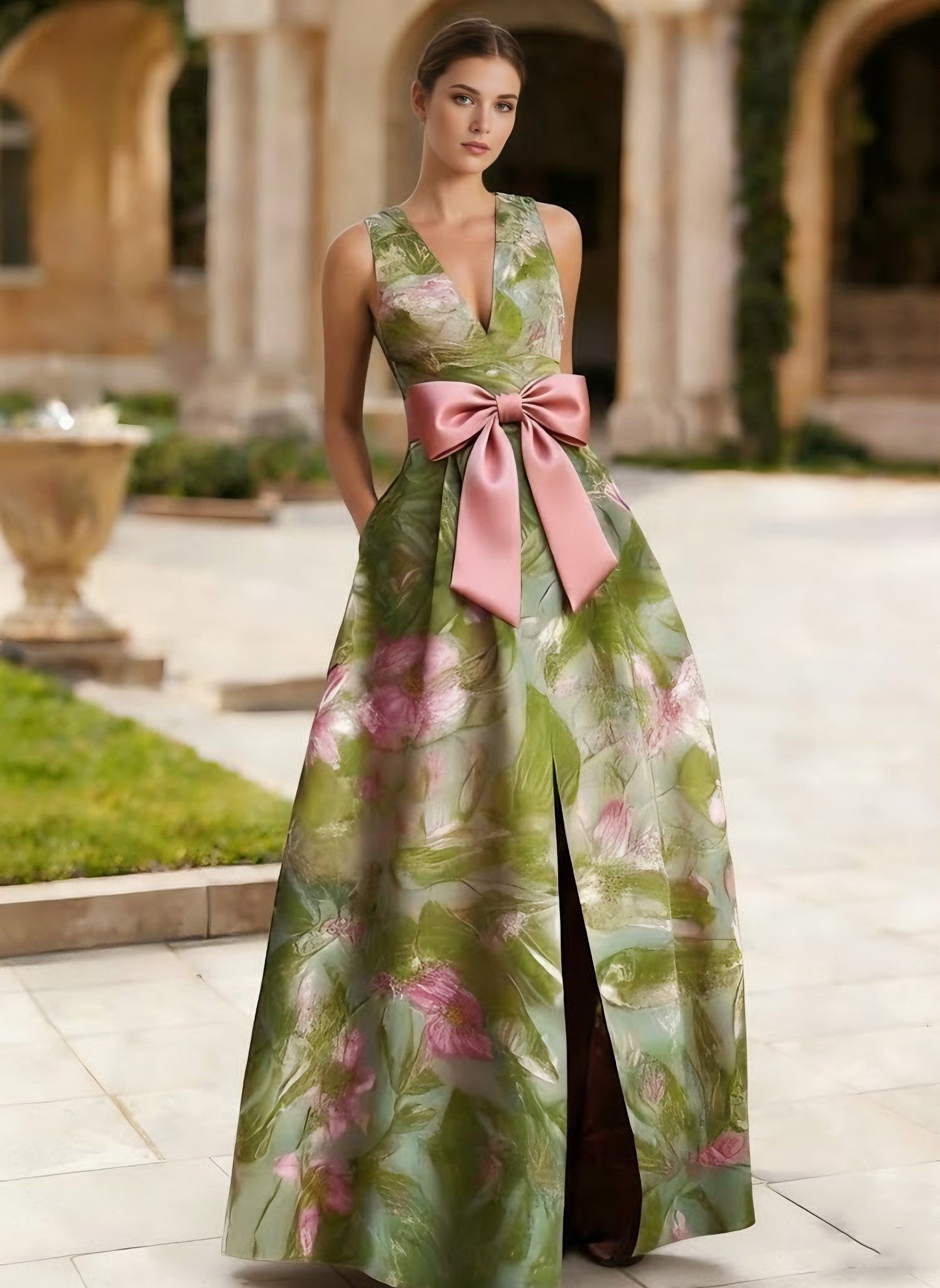 V-Neck Satin Evening Dresses Sleeveless Floral Floor-Length Bowknot Party Dress with Split Side