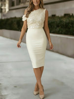 One-Shoulder Cocktail Dresses Stretch Satin Knee-Length Sleeveless with Sequins Formal Dress