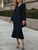 V-Neck Chiffon Cocktail Dresses Tea-Length Long Sleeves Formal Dresses with Pearl Button