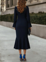 V-Neck Chiffon Cocktail Dresses Tea-Length Long Sleeves Formal Dresses with Pearl Button