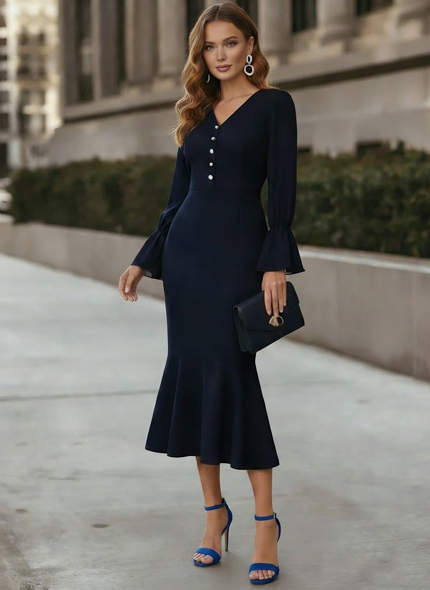 V-Neck Chiffon Cocktail Dresses Tea-Length Long Sleeves Formal Dresses with Pearl Button