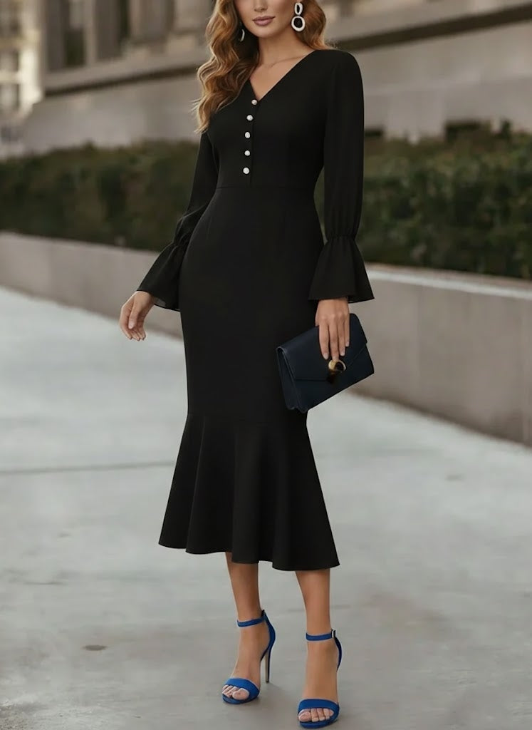 V-Neck Chiffon Cocktail Dresses Tea-Length Long Sleeves Formal Dresses with Pearl Button