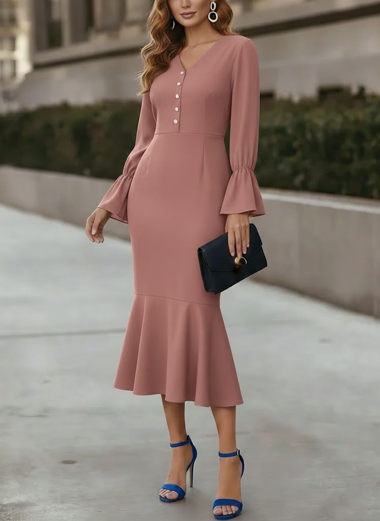 V-Neck Chiffon Cocktail Dresses Tea-Length Long Sleeves Formal Dresses with Pearl Button