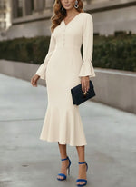 V-Neck Chiffon Cocktail Dresses Tea-Length Long Sleeves Formal Dresses with Pearl Button